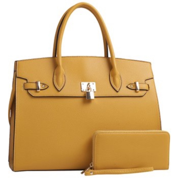 Handbags - Mustard Padlock-Accent Satchel and Wristlet Set